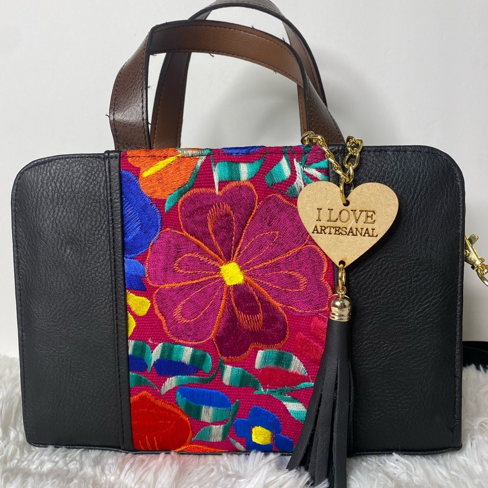 Mexican artisanal flower embroidered leather bag
